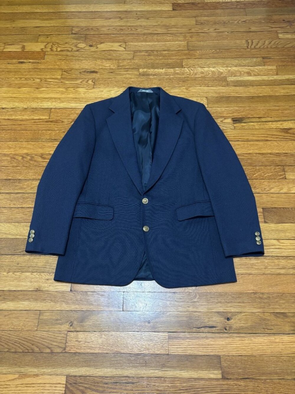 Haggar Mens Blazer Jacket Sz 40R Navy Blue 2 Brass Button Poly Wool Sport Coat